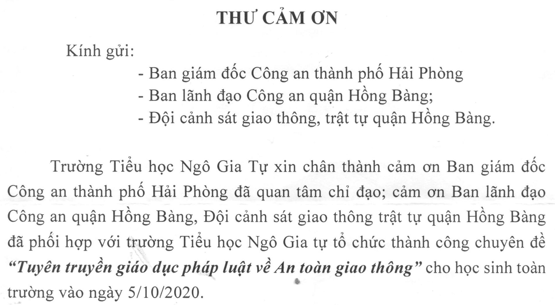 Trường Tiểu học Ngô Gia Tự gửi thư cảm ơn Ban giám đốc Công an thành phố Hải Phòng, Công an quận Hồng Bàng